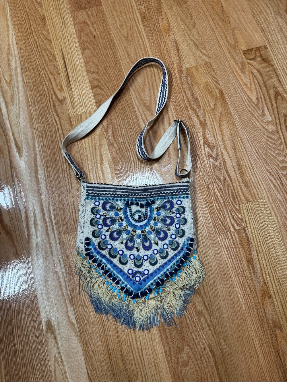 LaBellum Hillary Scott Canvas Crossbody Bag Peacock Beaded Fringe Zip Blue Beige